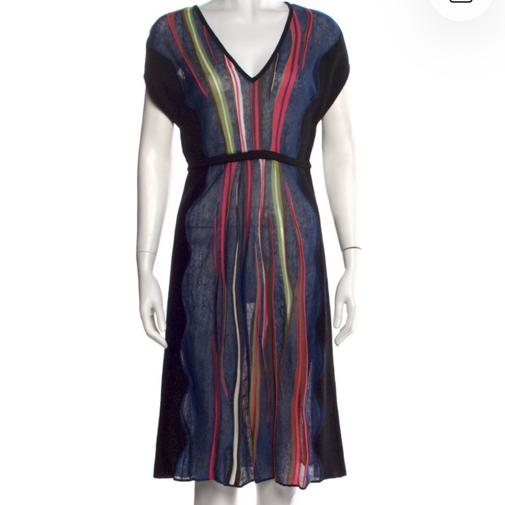 M by Missoni Navy V‑Neck Midi Dress with Multicolor Vertical Stripes